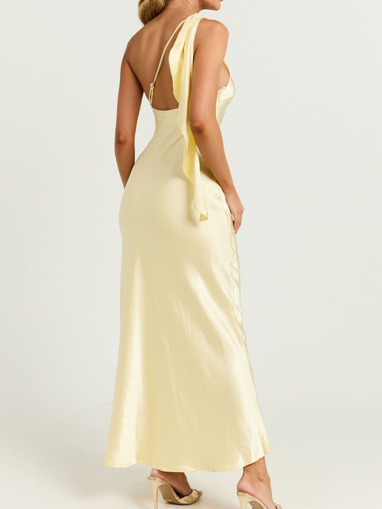 Pale Yellow Draped One Shoulder Satin Dress