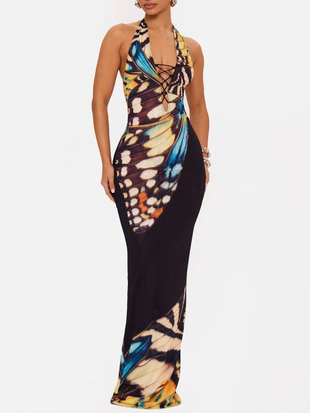 Butterfly Print Neckholder Strap Dress