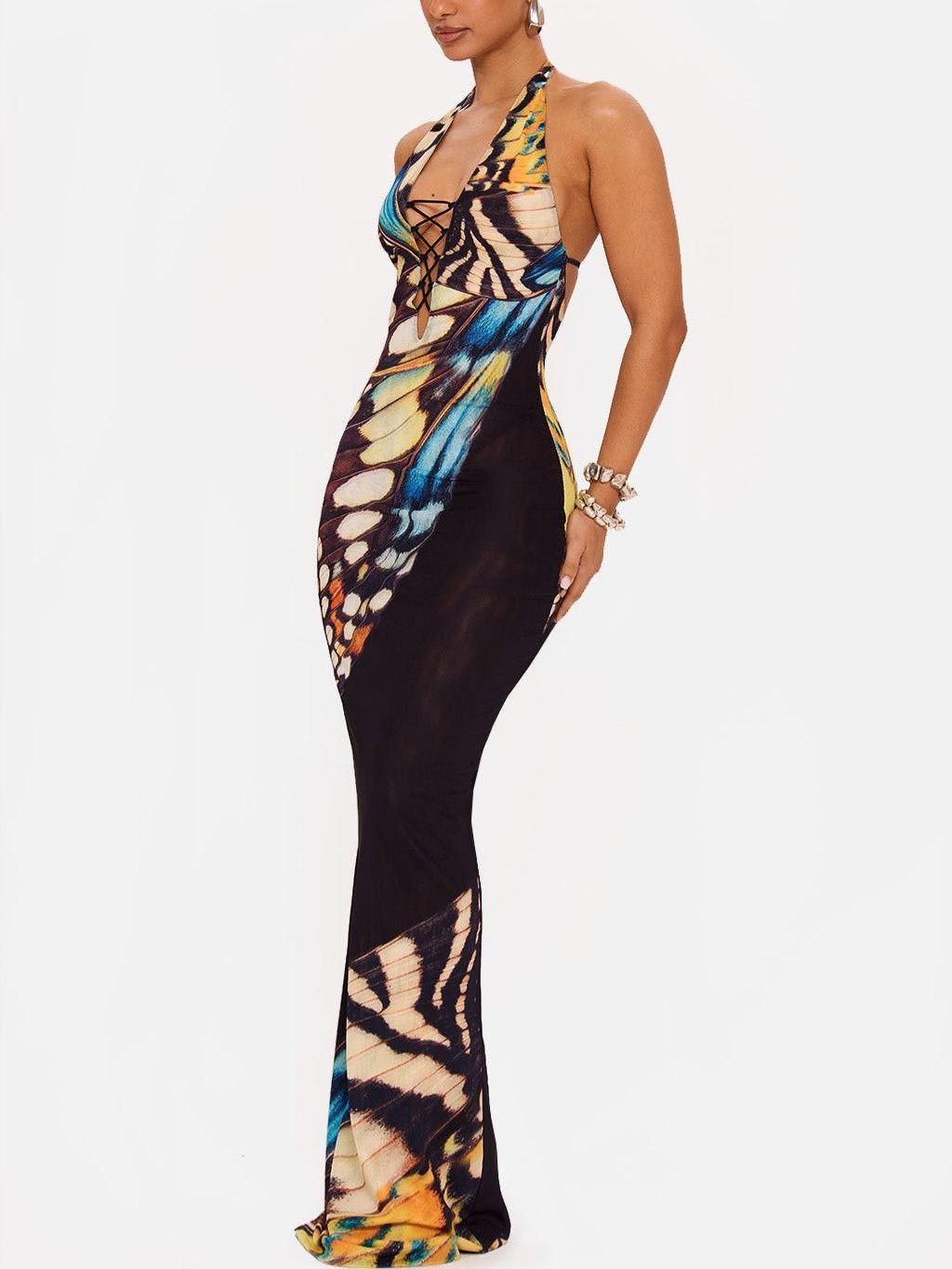 Butterfly Print Neckholder Strap Dress