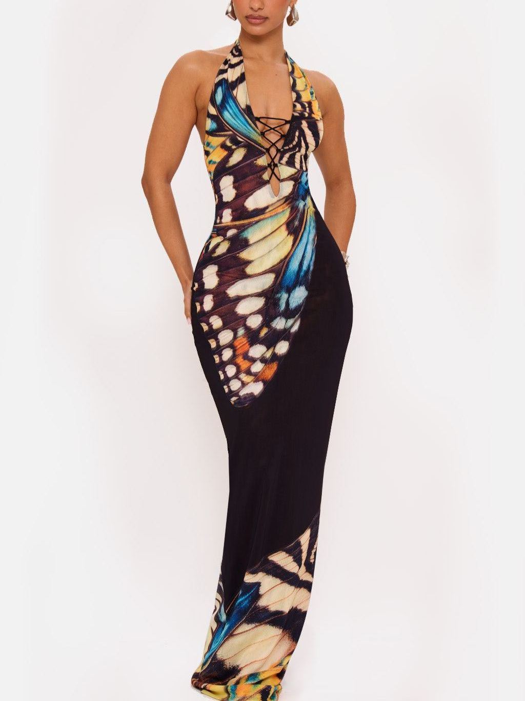 Butterfly Print Neckholder Strap Dress