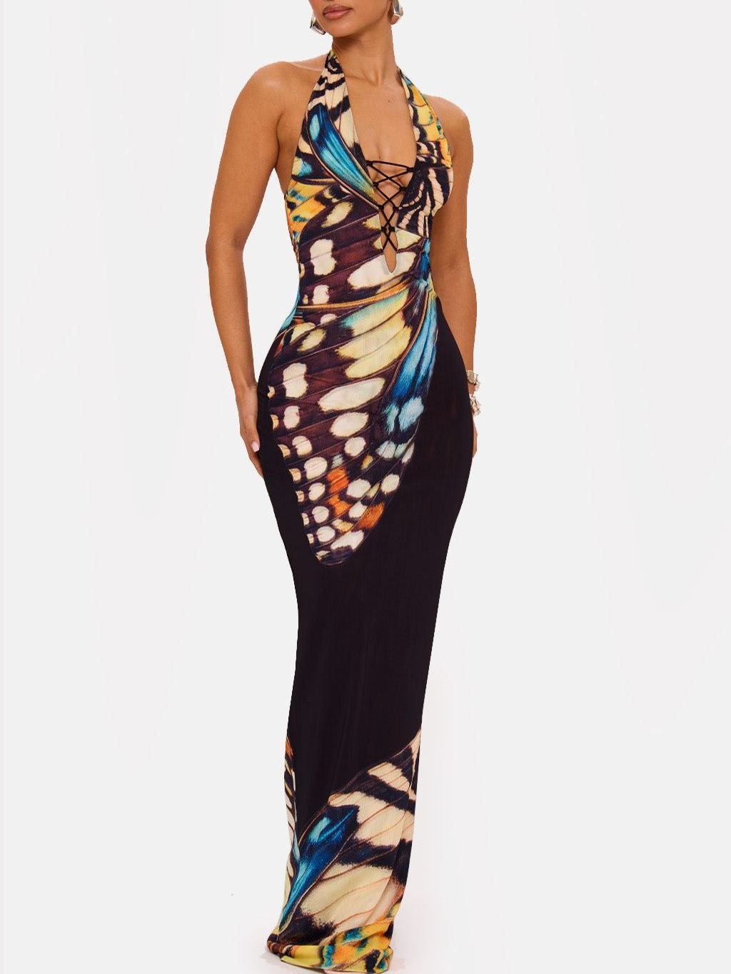 Butterfly Print Neckholder Strap Dress