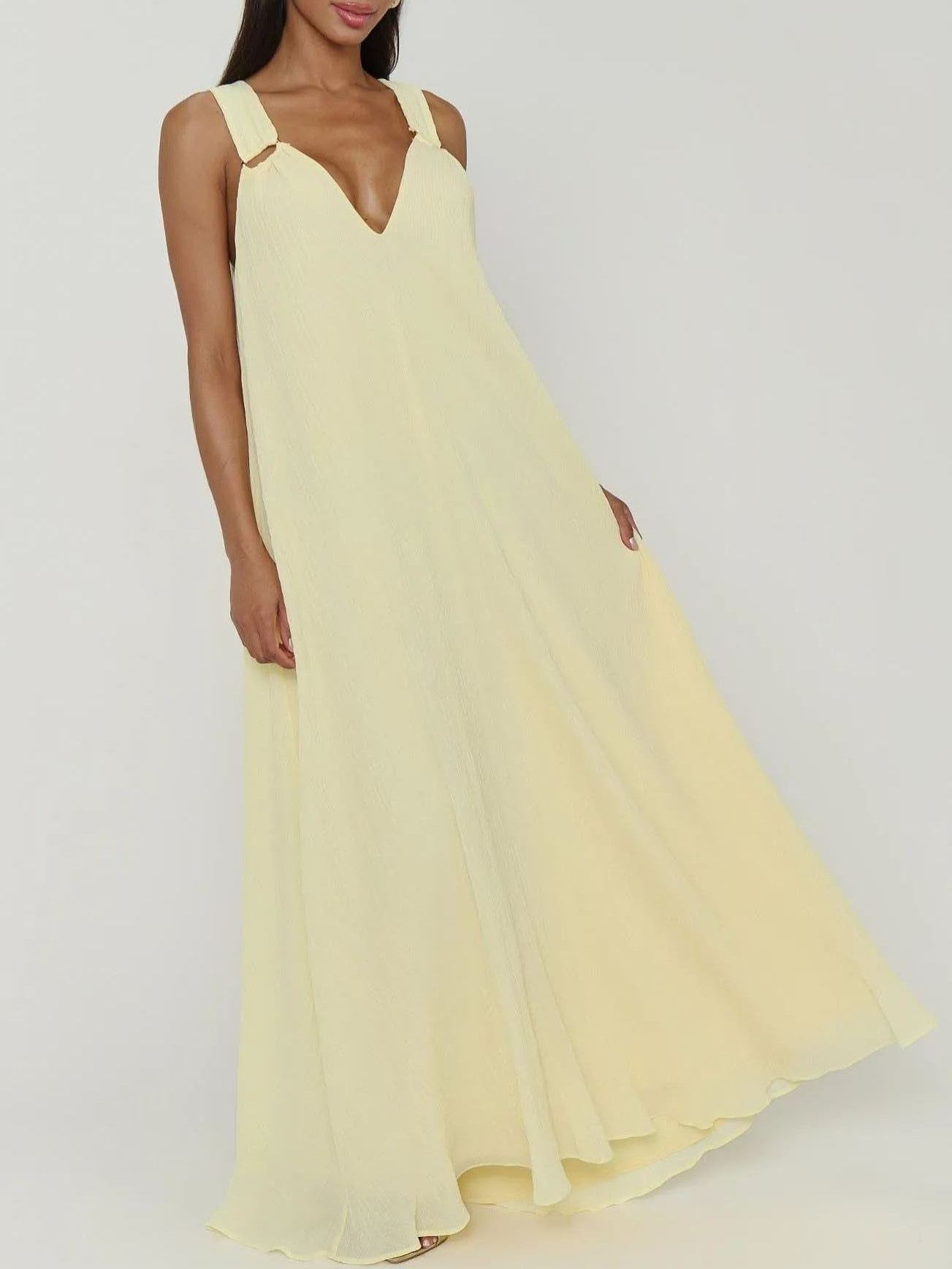 Heidi Maxi Dress ~ Pale Yellow Pleated Chiffon