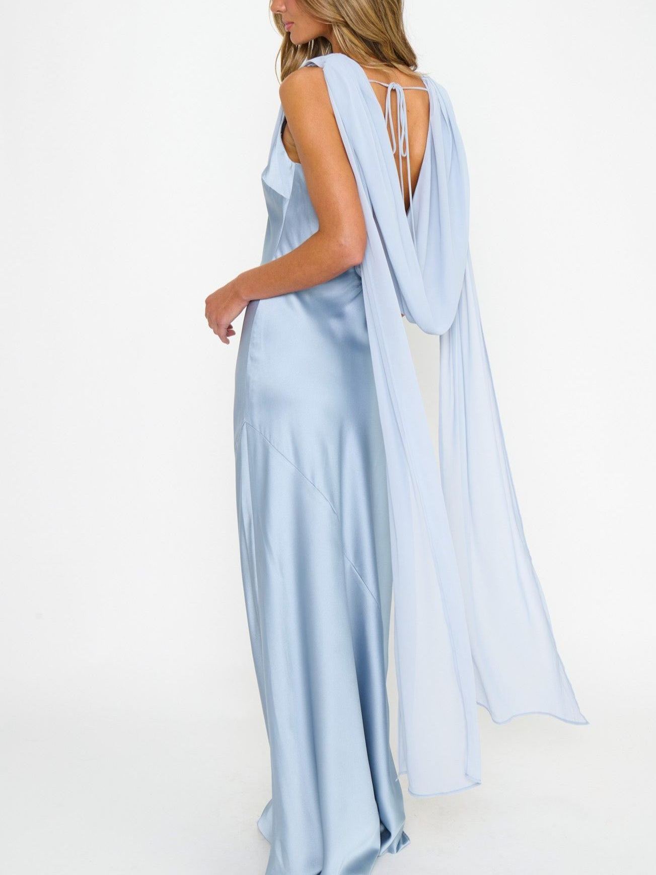 Maya Maxi Dress ~ Steel Blue Luxe Satin