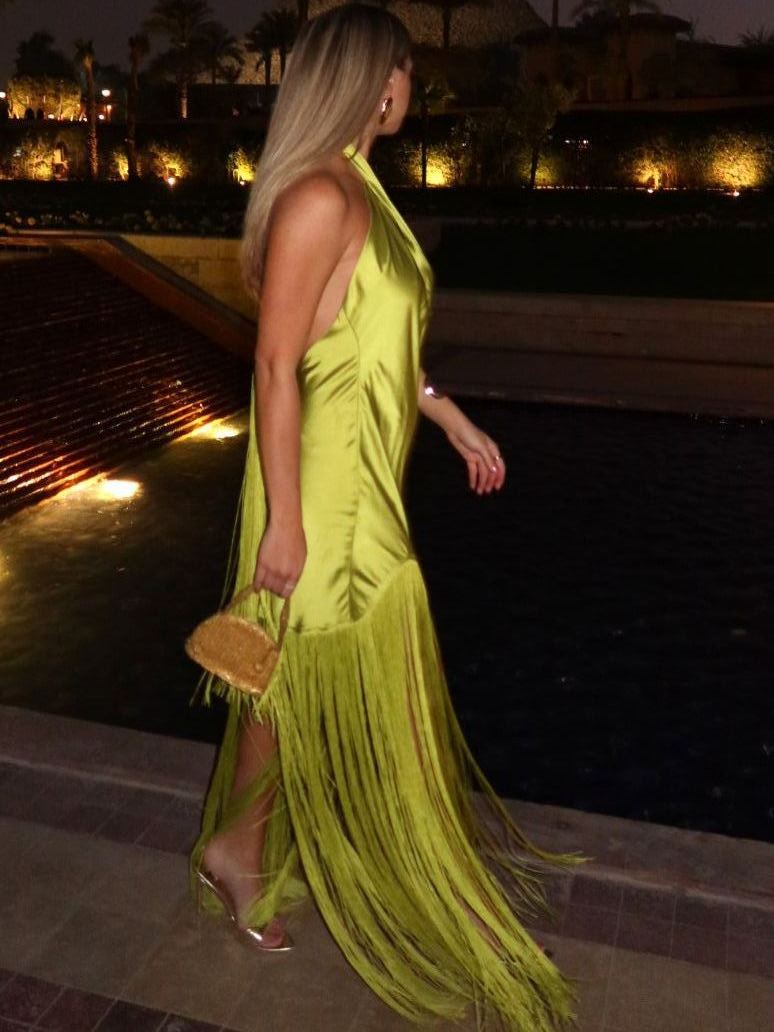 Jasmine Fringe Maxi Dress ~ Chartreuse Luxe Satin