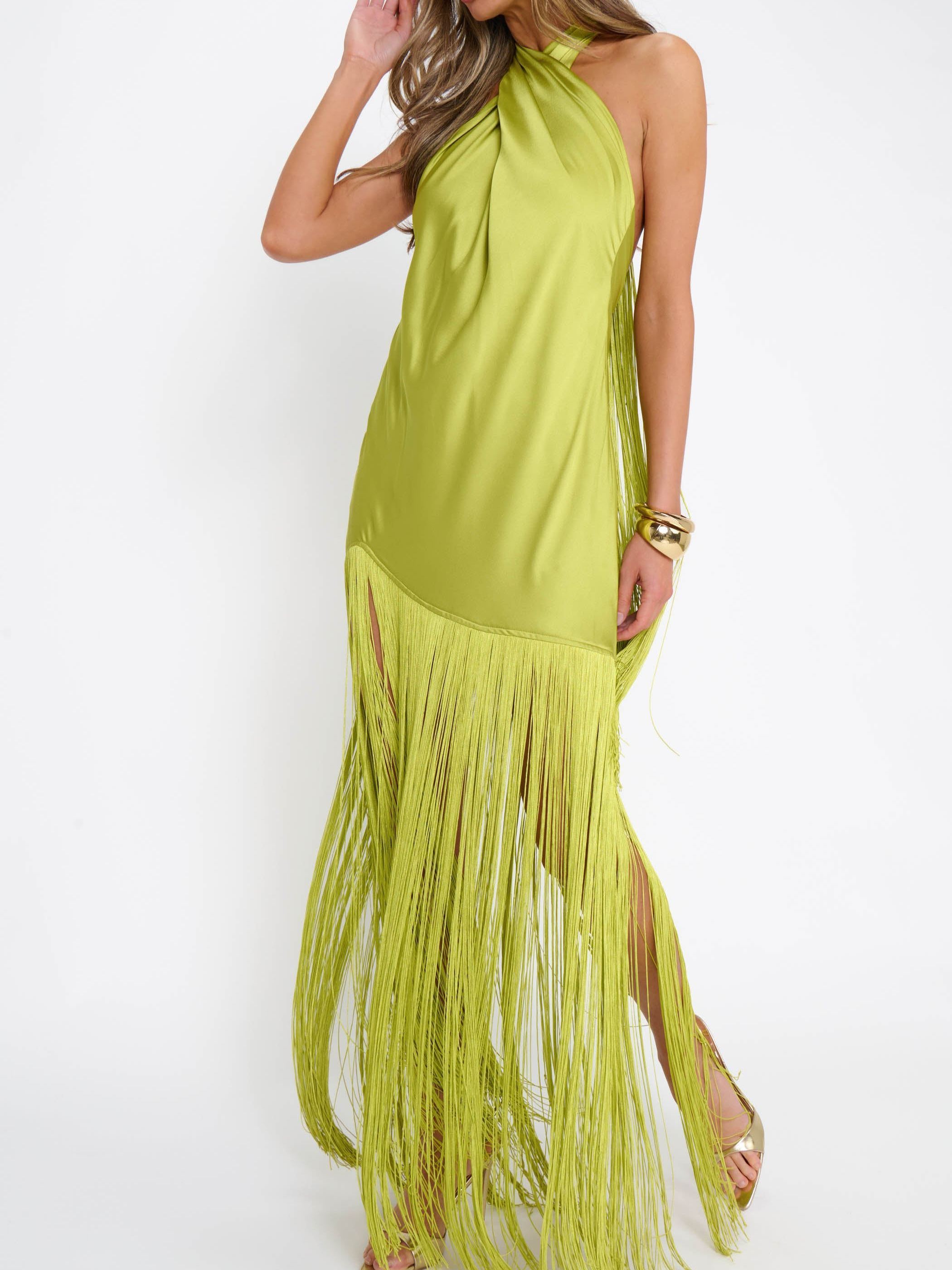Jasmine Fringe Maxi Dress ~ Chartreuse Luxe Satin