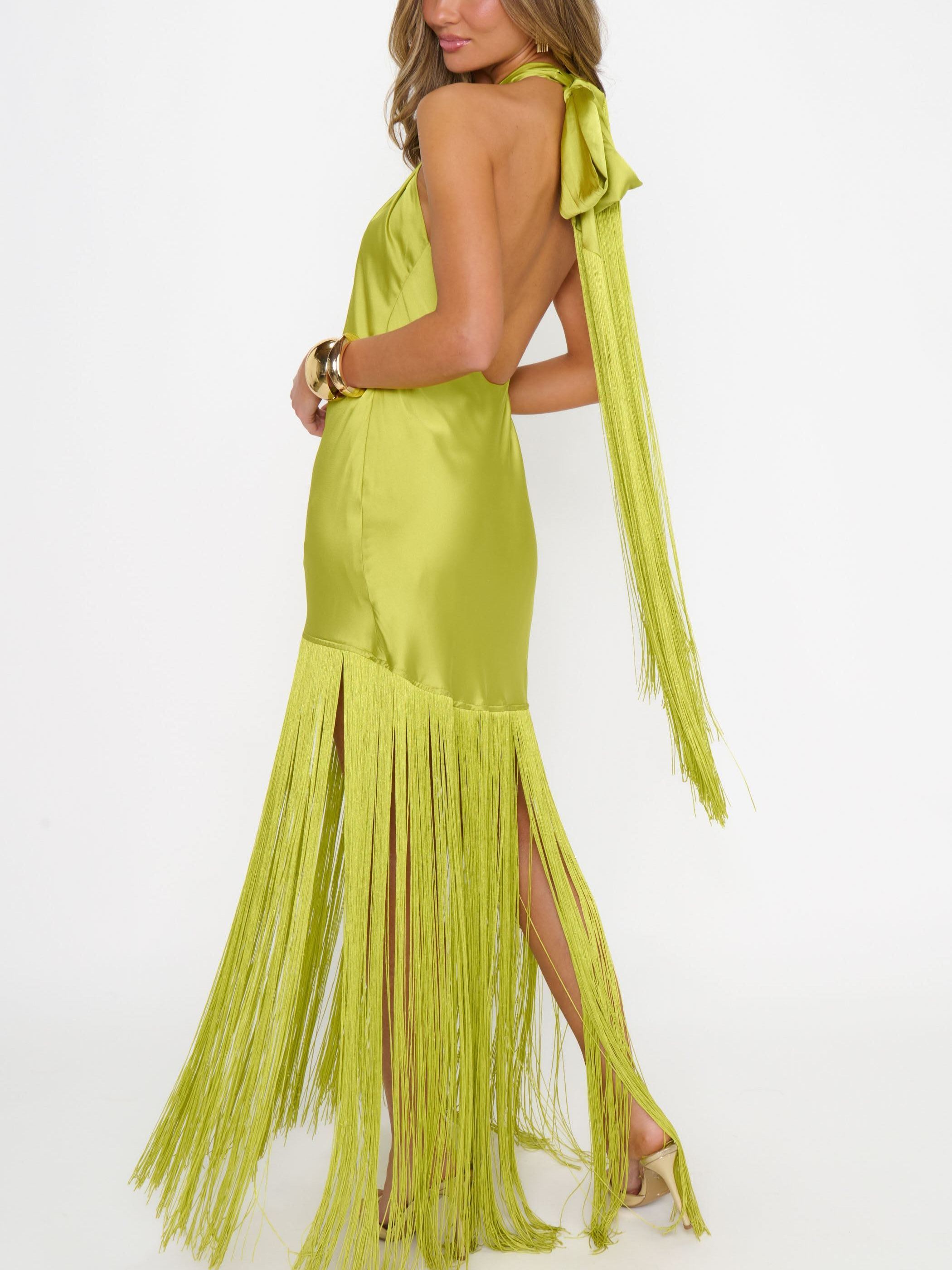 Jasmine Fringe Maxi Dress ~ Chartreuse Luxe Satin