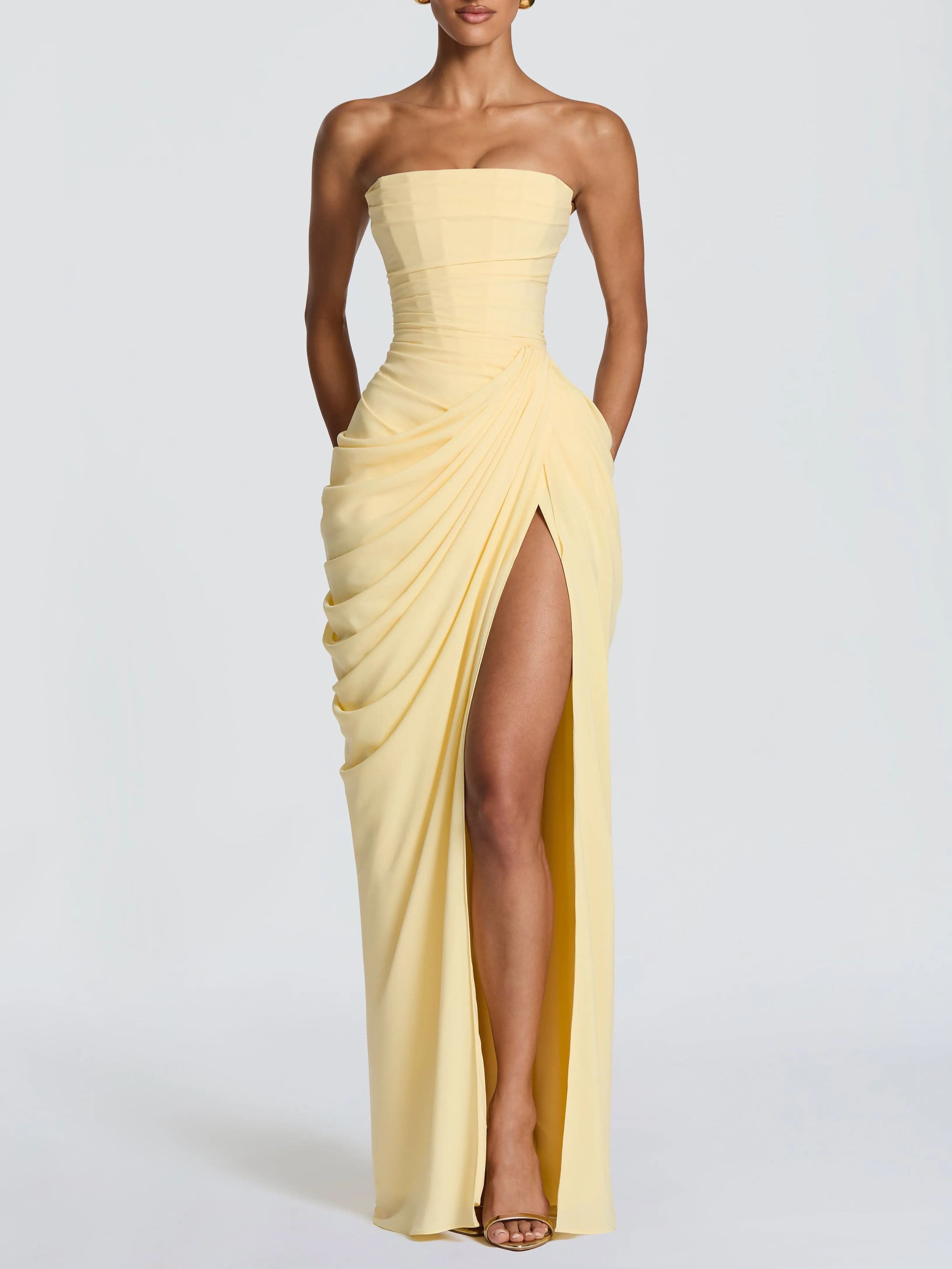 Pale Yellow Strapless Slit Formal Maxi Dress