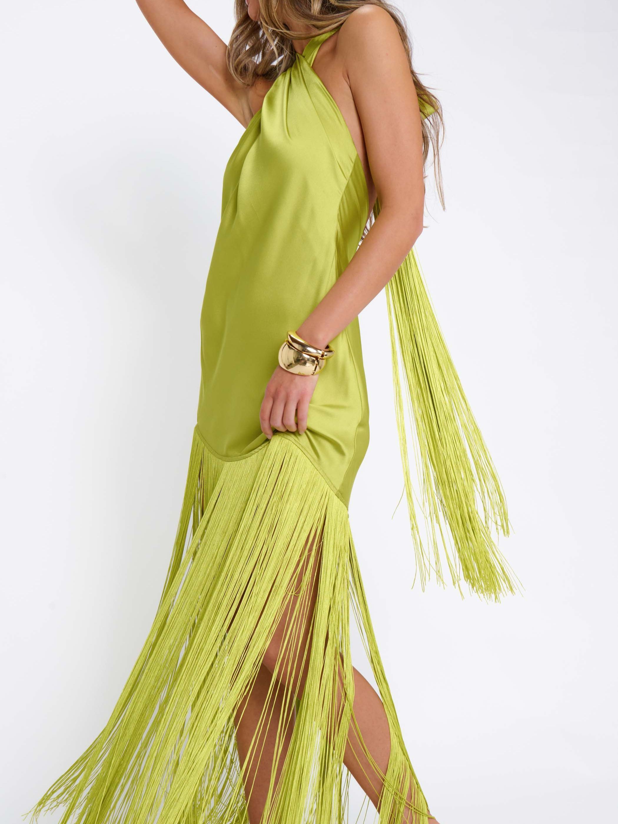 Jasmine Fringe Maxi Dress ~ Chartreuse Luxe Satin