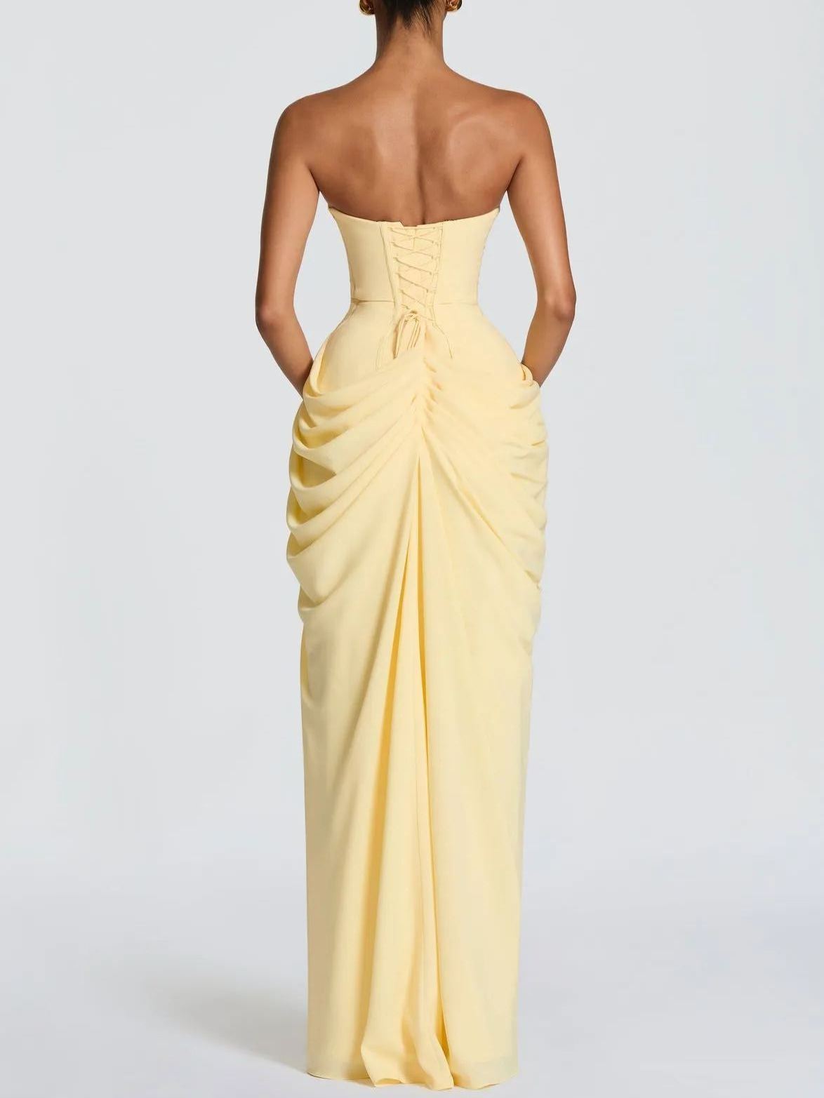 Pale Yellow Strapless Slit Formal Maxi Dress