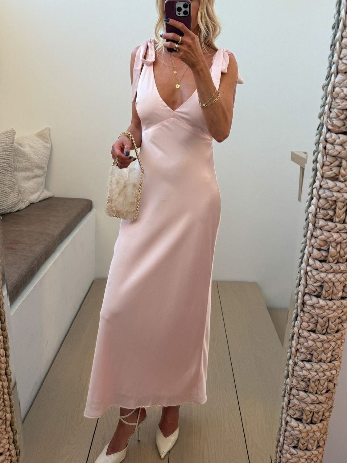 Emma Midi Dress ~ Powder Pink Luxe Satin