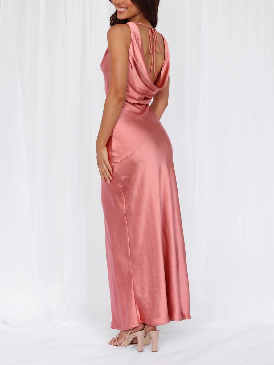 Pea powder satin sling-neck split skirt