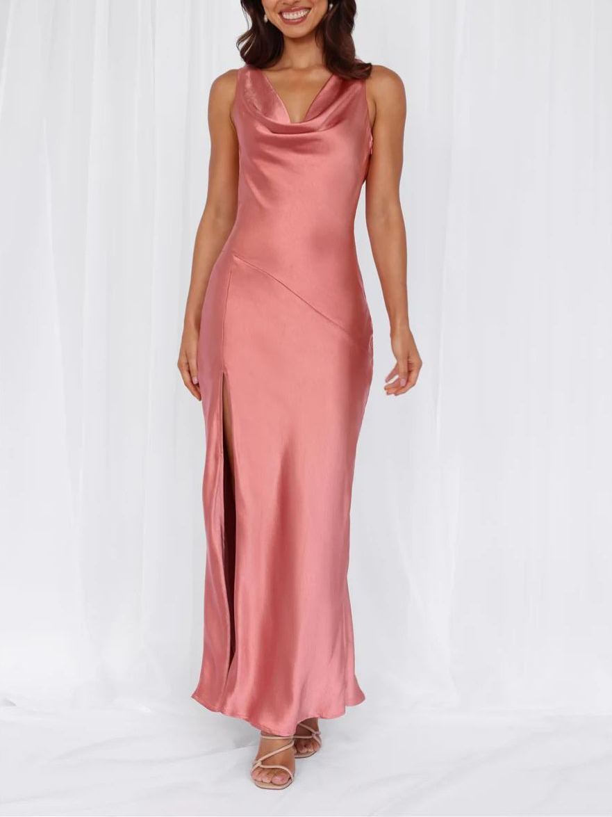 Pea powder satin sling-neck split skirt