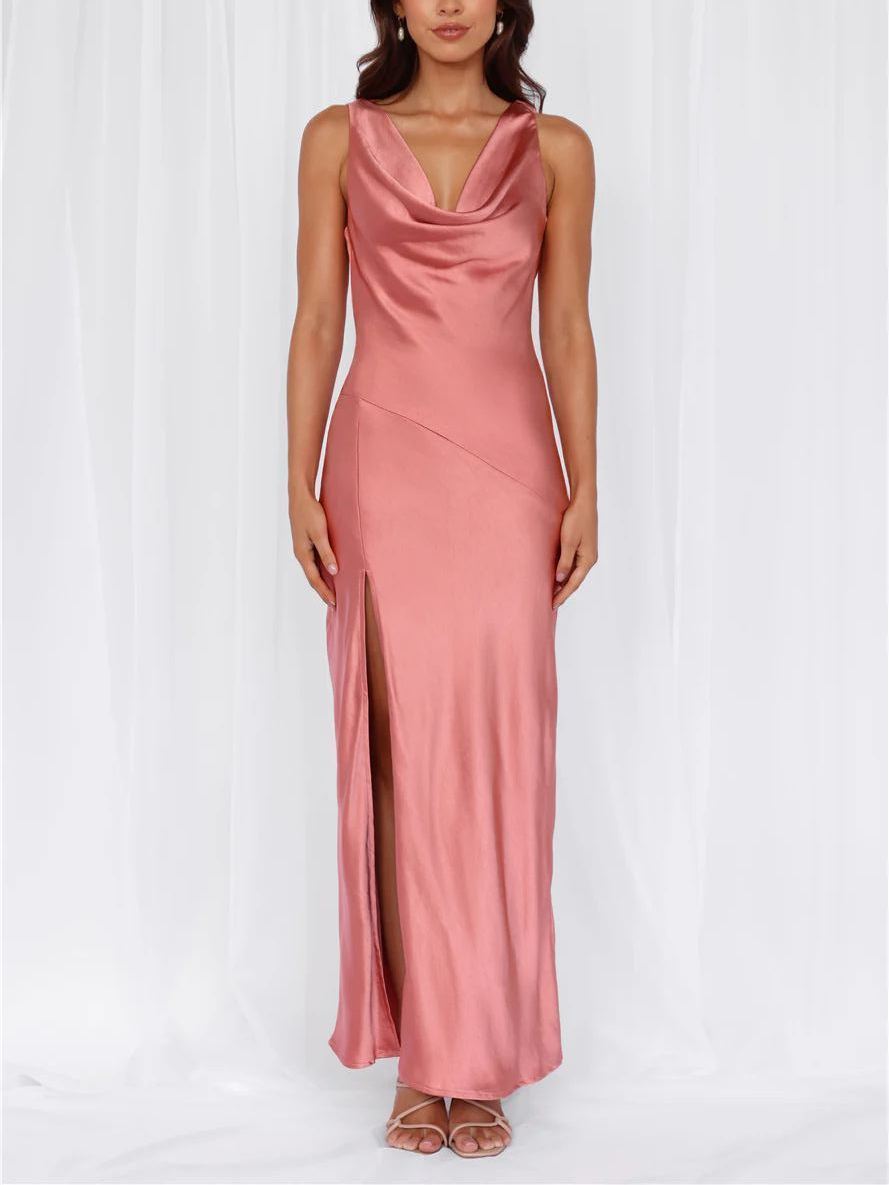 Pea powder satin sling-neck split skirt