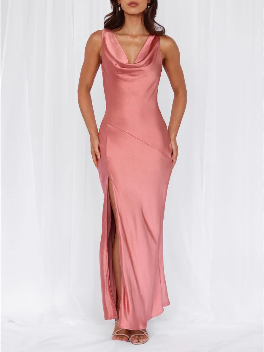 Pea powder satin sling-neck split skirt