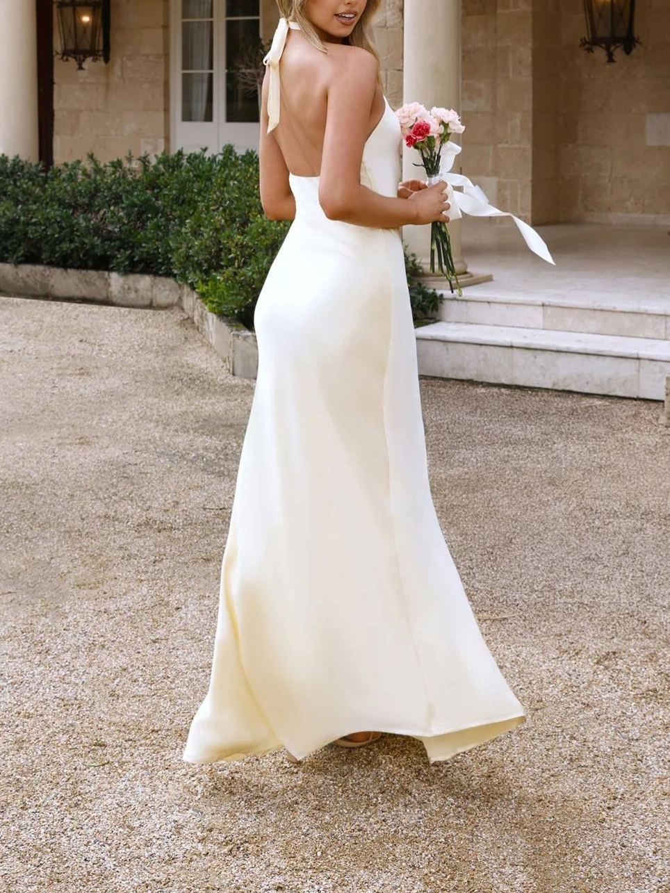 Creamy-yellow neck-hanging satin split skirt
