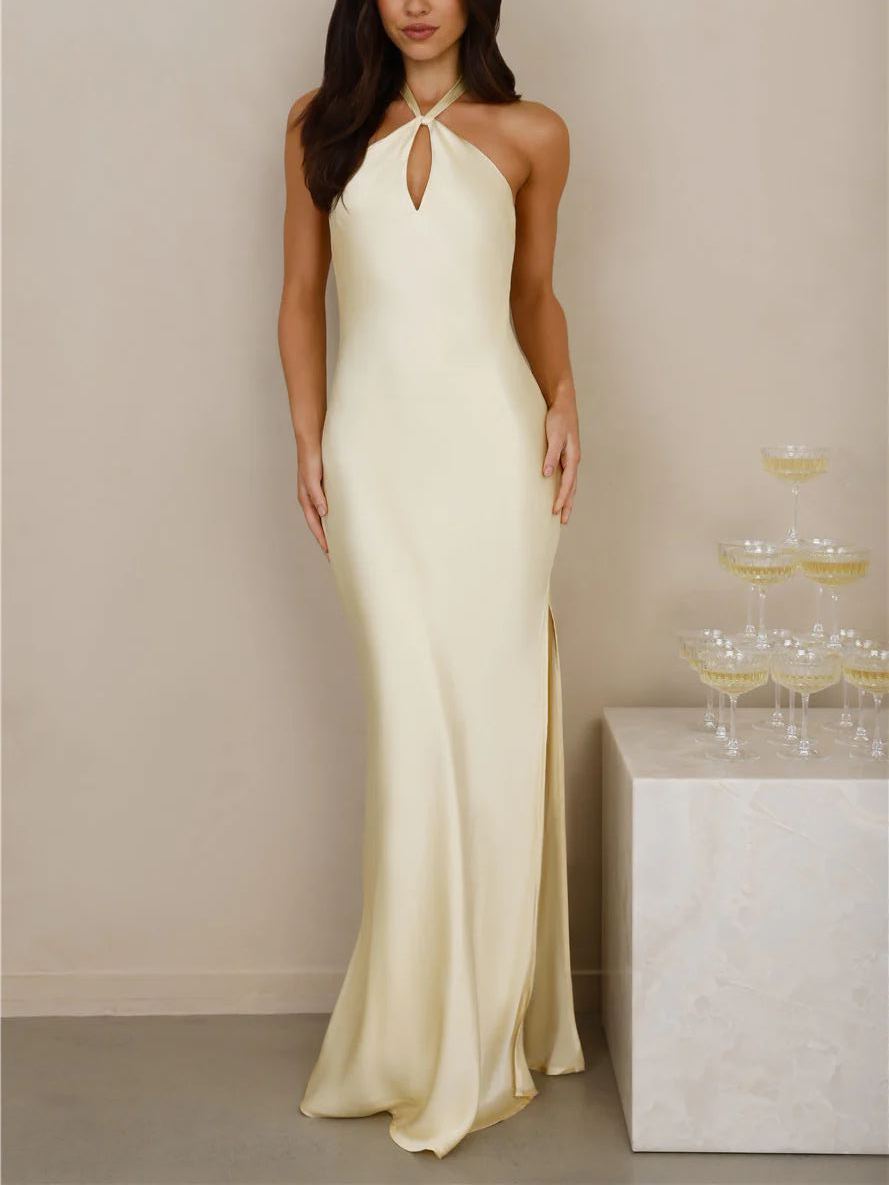 Creamy-yellow neck-hanging satin split skirt
