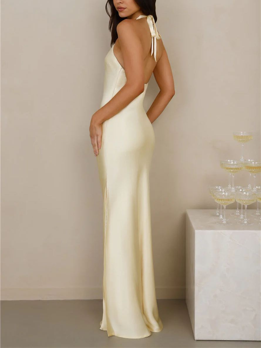 Creamy-yellow neck-hanging satin split skirt