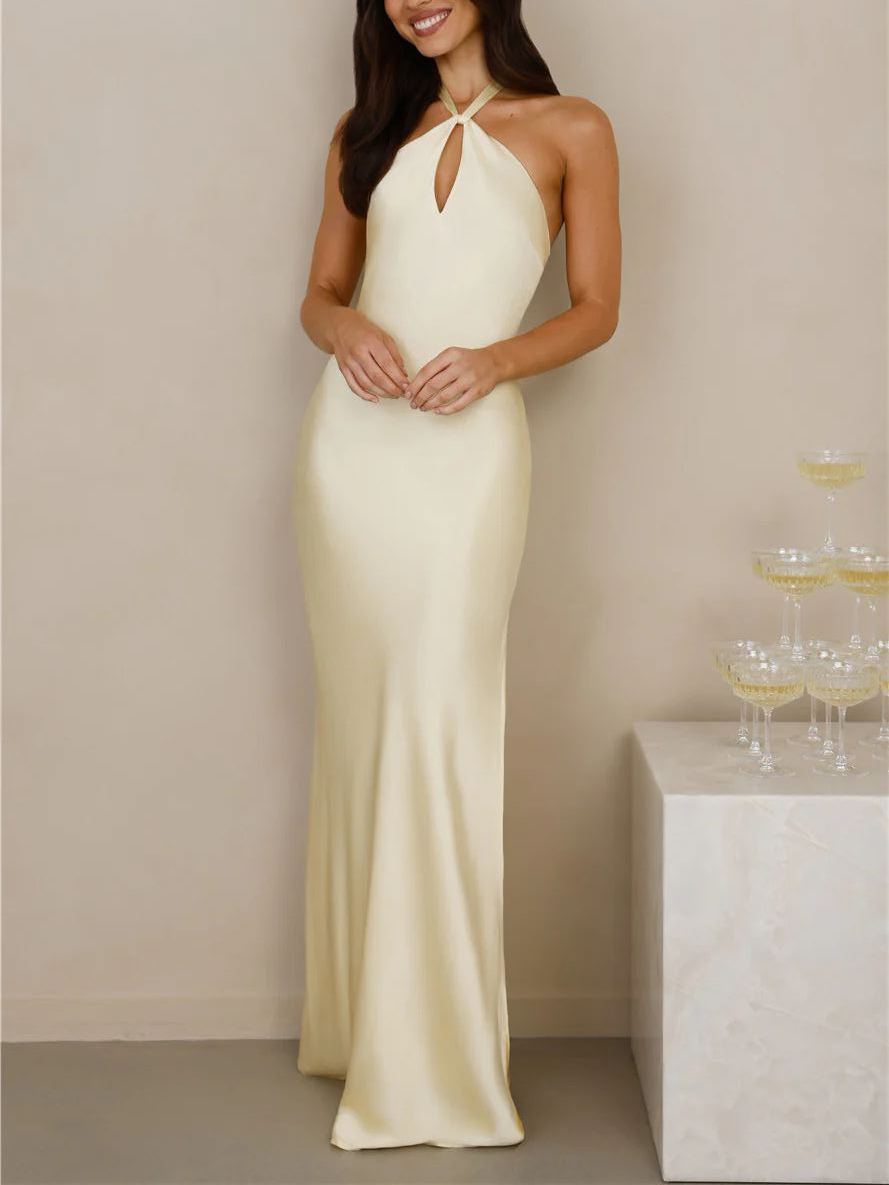 Creamy-yellow neck-hanging satin split skirt