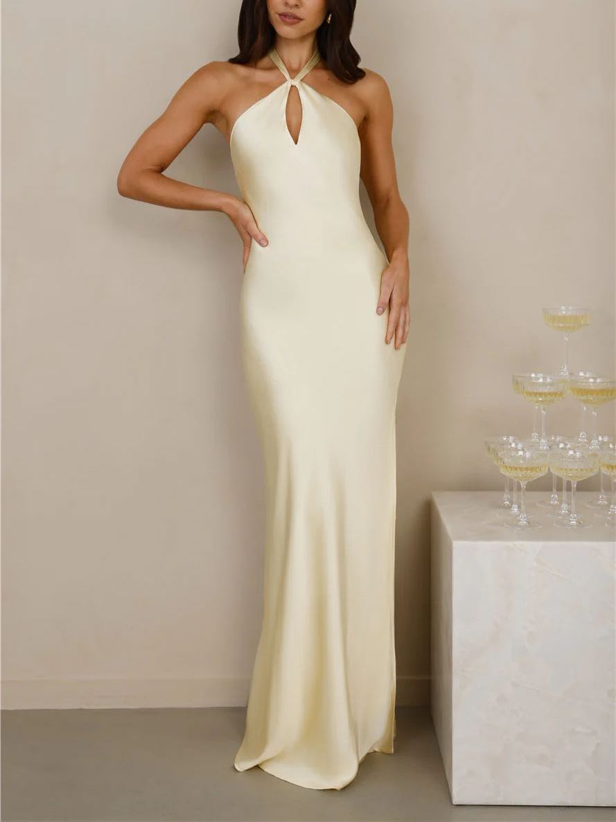 Creamy-yellow neck-hanging satin split skirt
