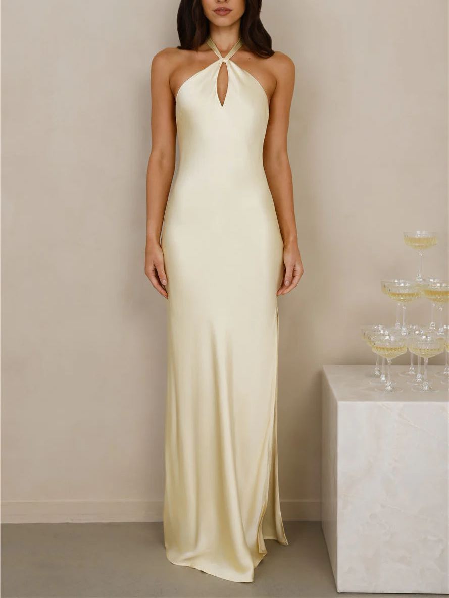 Creamy-yellow neck-hanging satin split skirt