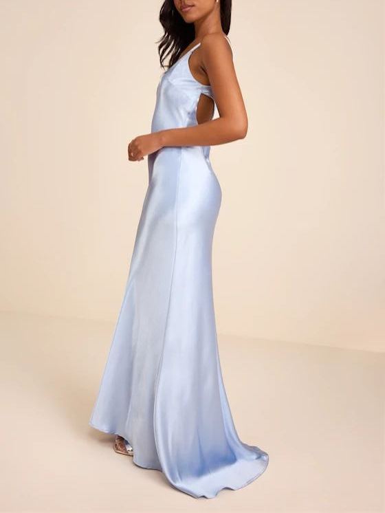 Perfectly Classy Light Blue Satin Strappy Maxi Dress