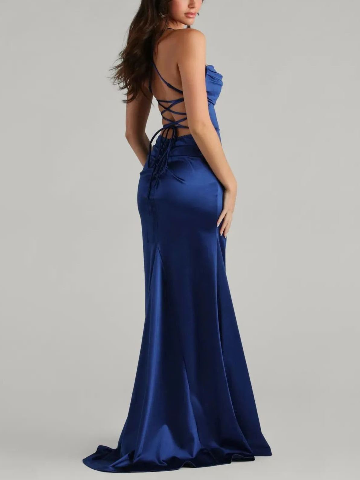 Glam Navy Satin Draped High Slit Lace-Up Formal Maxi Dress