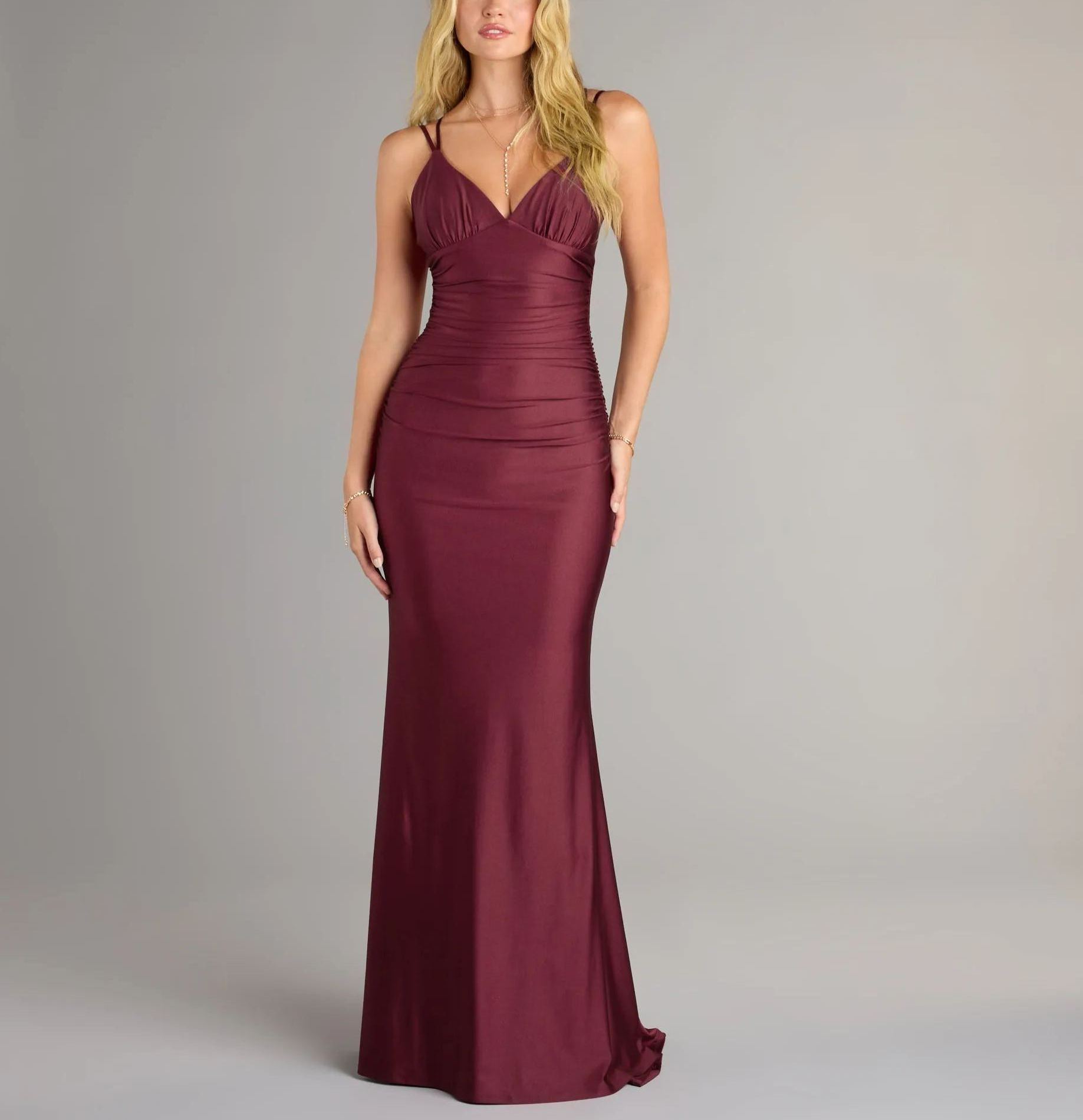Elegant Burgundy Satin Ruched Lace Up Back Formal Maxi Dress