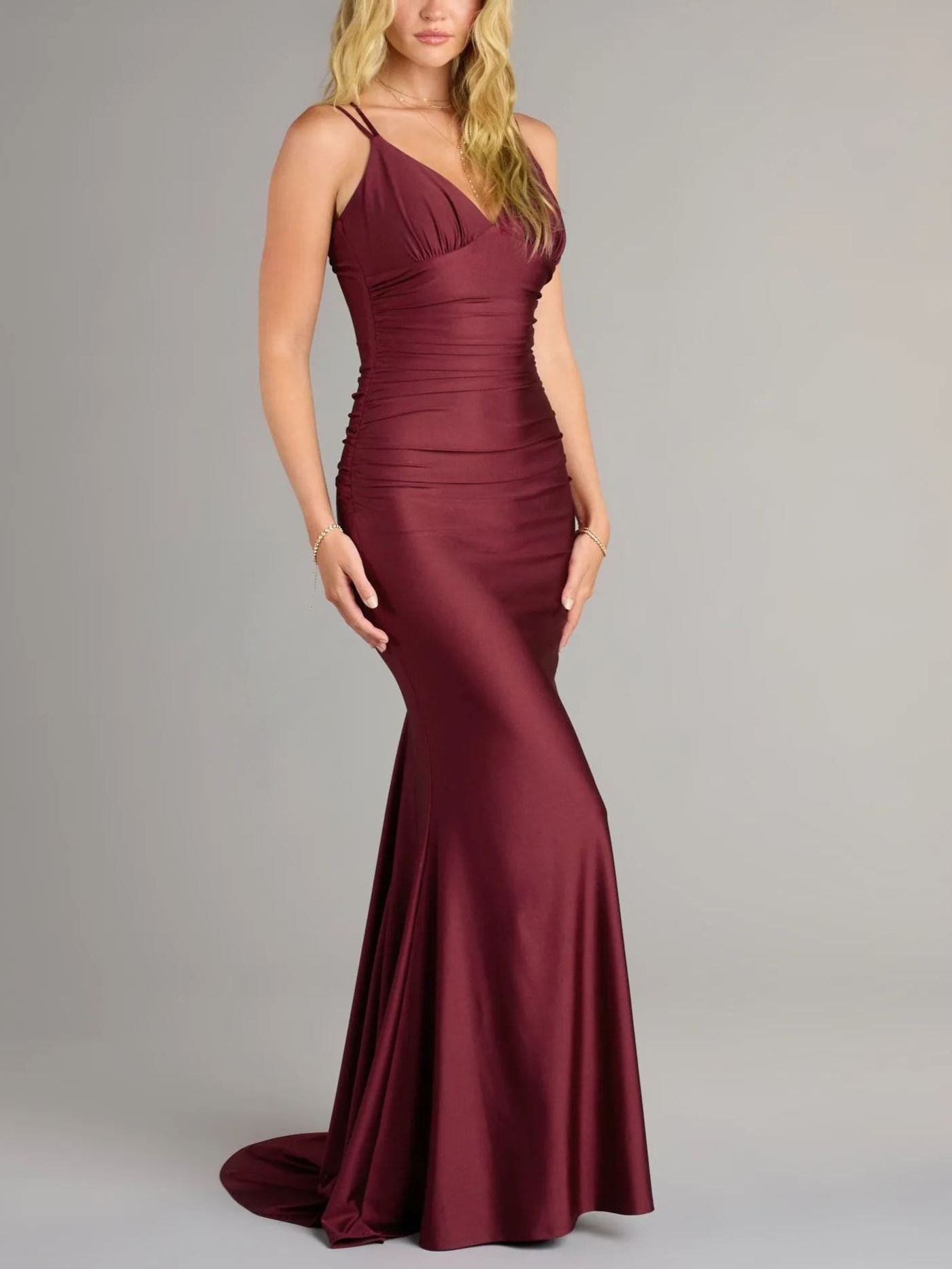 Elegant Burgundy Satin Ruched Lace Up Back Formal Maxi Dress