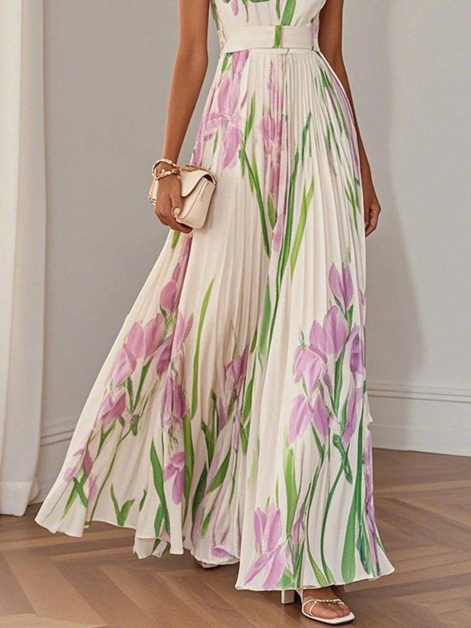 Square Neck Purple Iris Print Pleated Maxi Dress