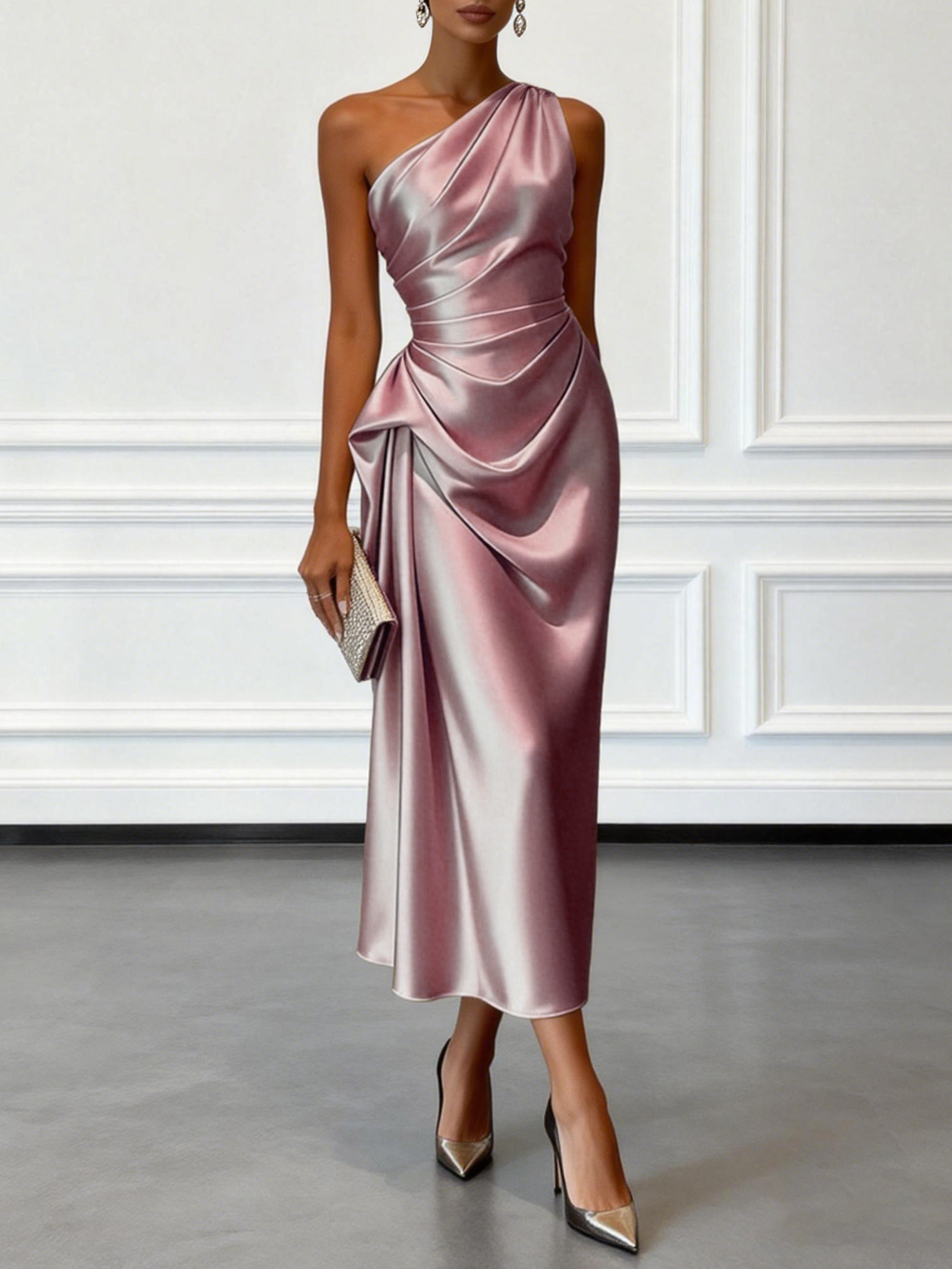 Elegant Ruched Satin One Shoulder Sleeveless Sheath Midi Dress