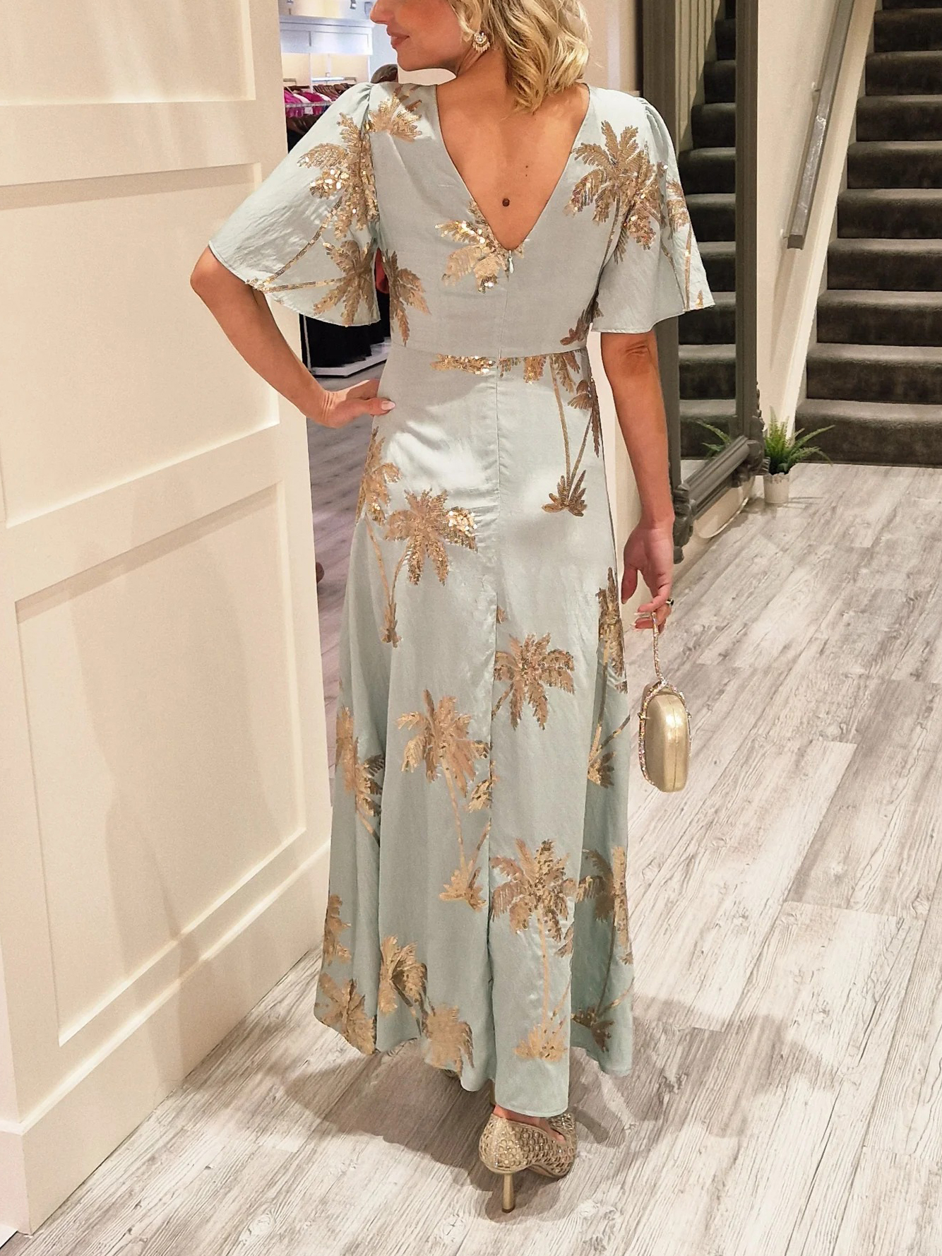 Sequin Palm Tree Print Flutter Sleeve Maxi Dress