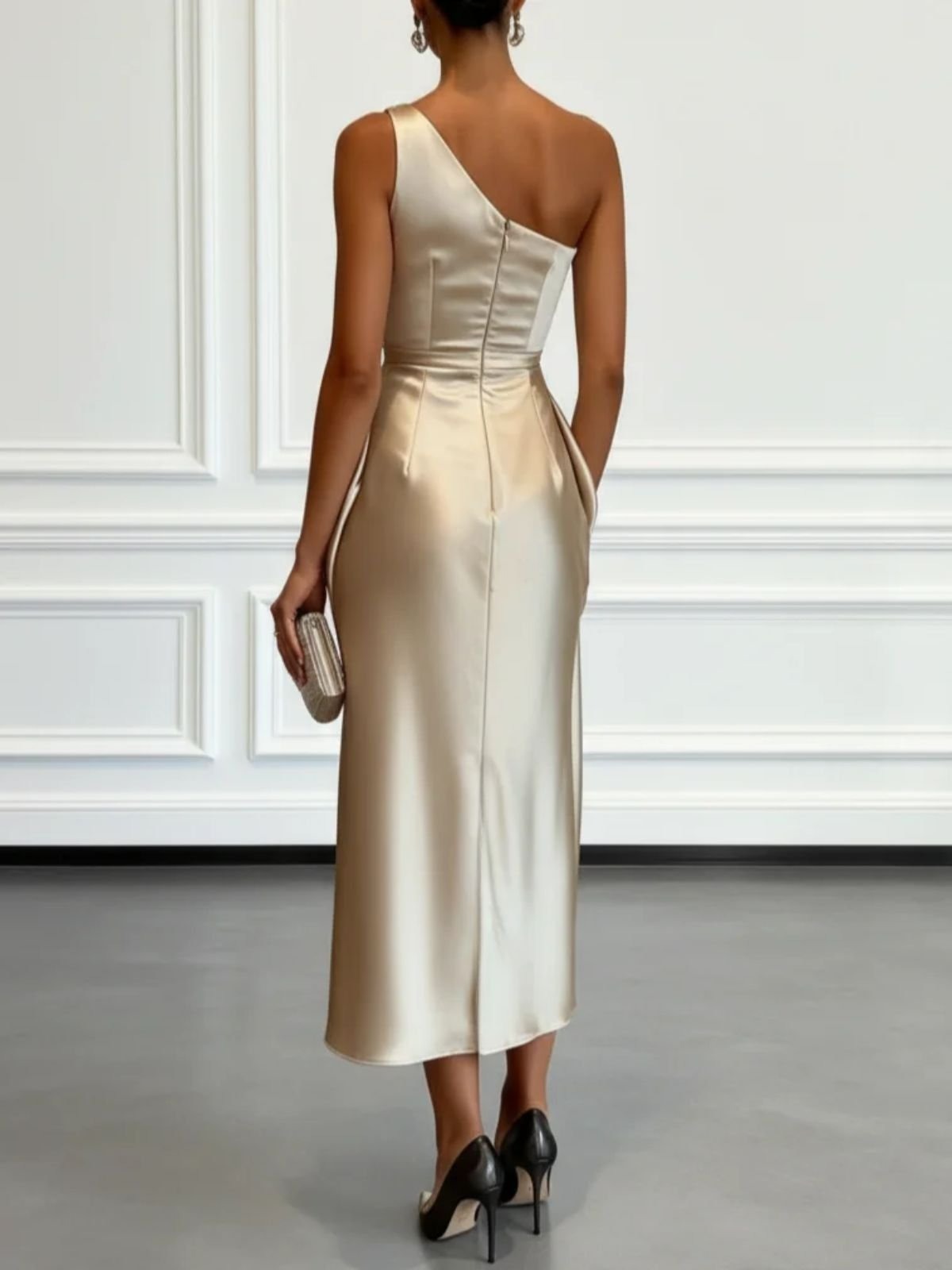 Elegant Ruched Satin One Shoulder Sleeveless Sheath Midi Dress