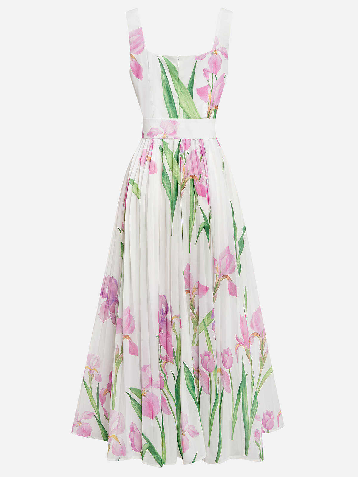 Square Neck Purple Iris Print Pleated Maxi Dress