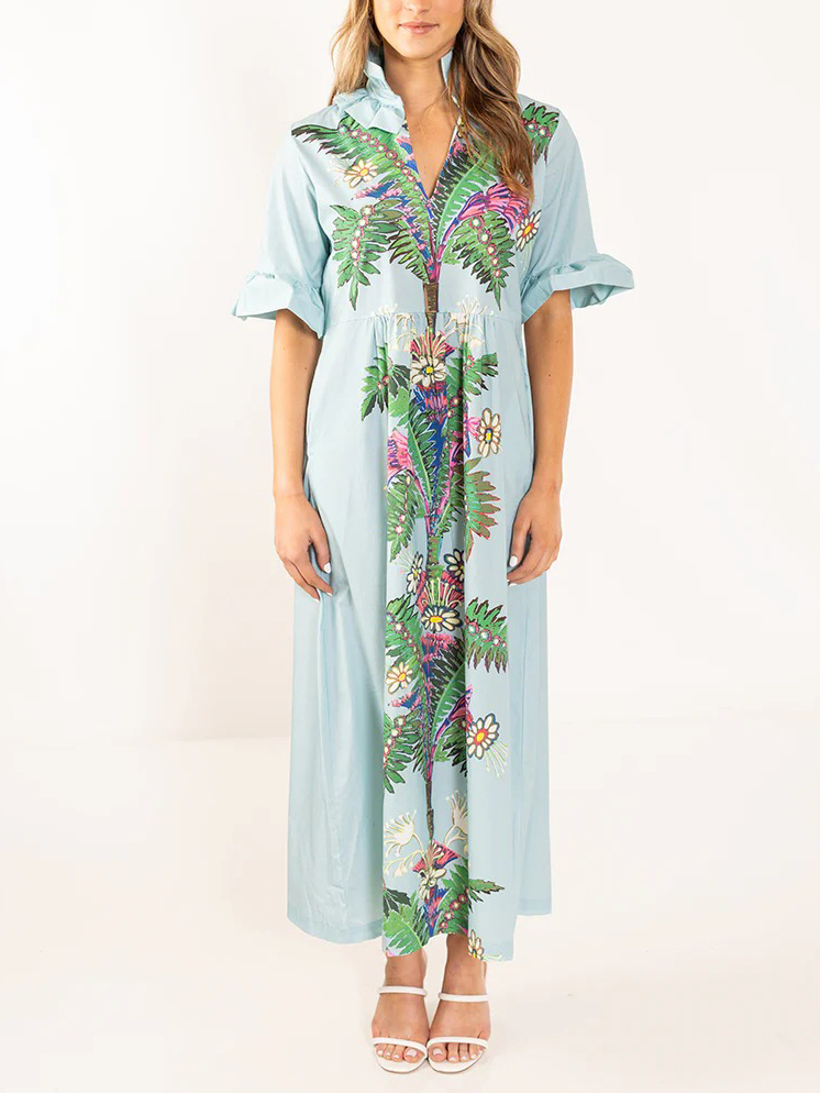 Tropical Palm Tree Print Ruffle Sleeve Resort Maxi Dress