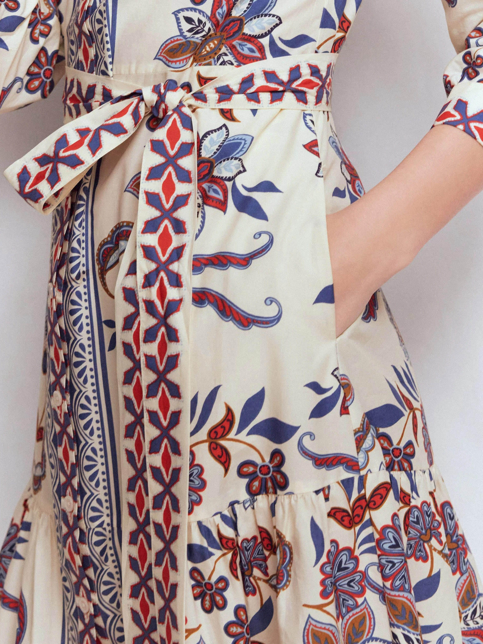Boho Floral Border Print Belted Shirt Midi Dress