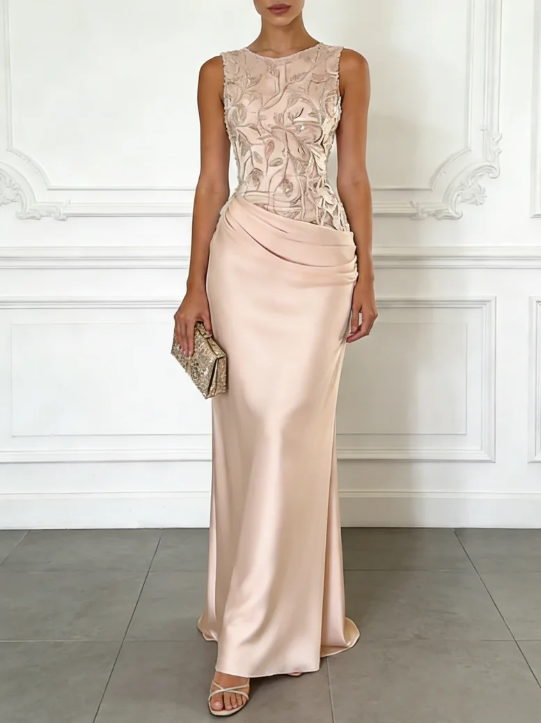 Champagne Satin Lace Drape Skirt Formal Maxi Dress