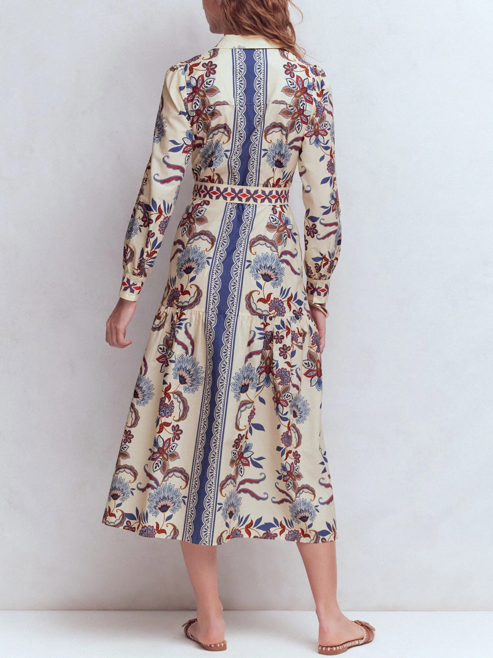 Boho Floral Border Print Belted Shirt Midi Dress