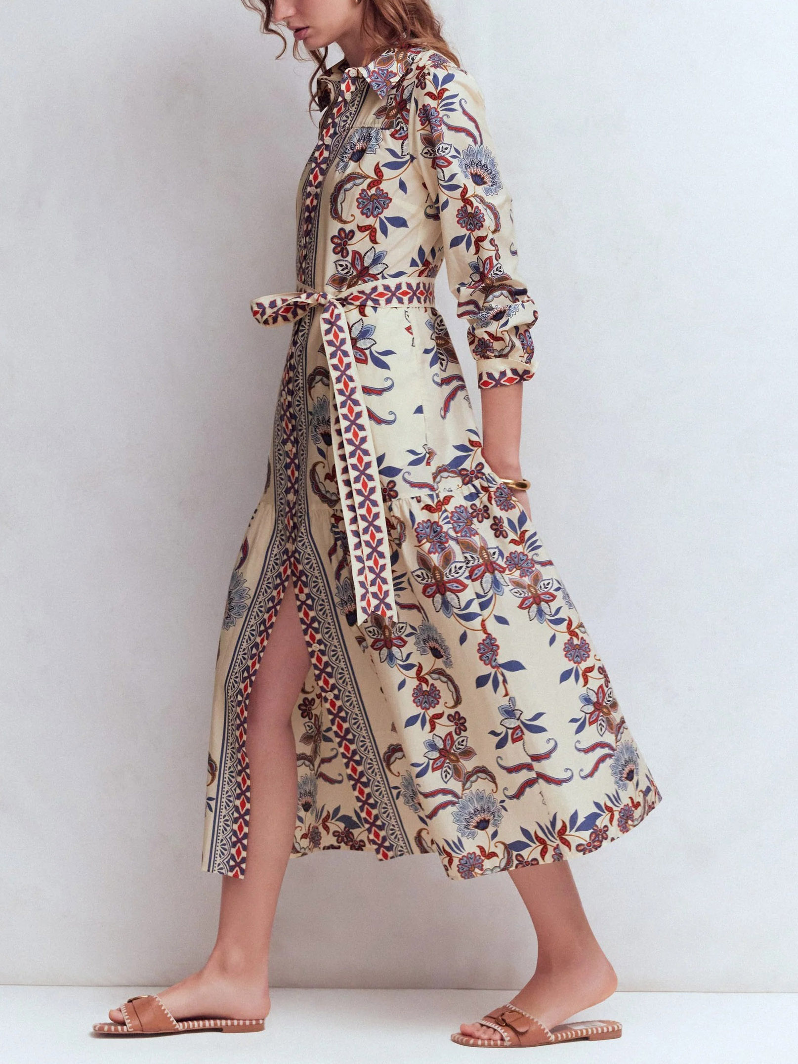 Boho Floral Border Print Belted Shirt Midi Dress