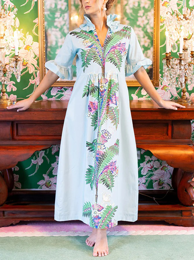 Tropical Palm Tree Print Ruffle Sleeve Resort Maxi Dress