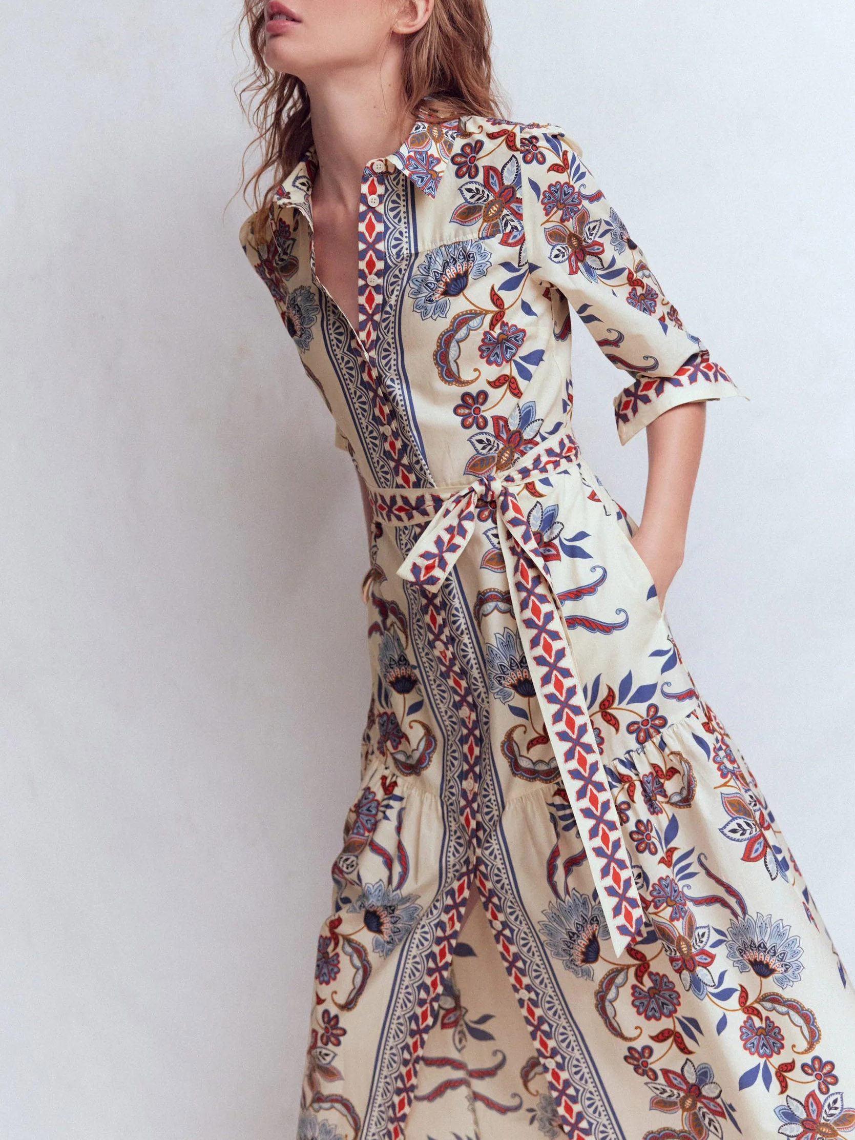 Boho Floral Border Print Belted Shirt Midi Dress