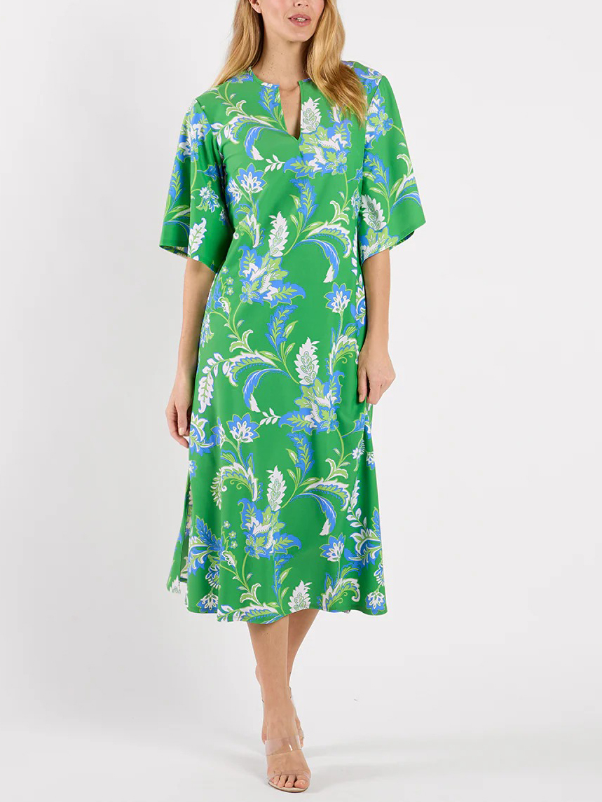 Tropical Paisley Print Flare Sleeve Split Neck Midi Dress