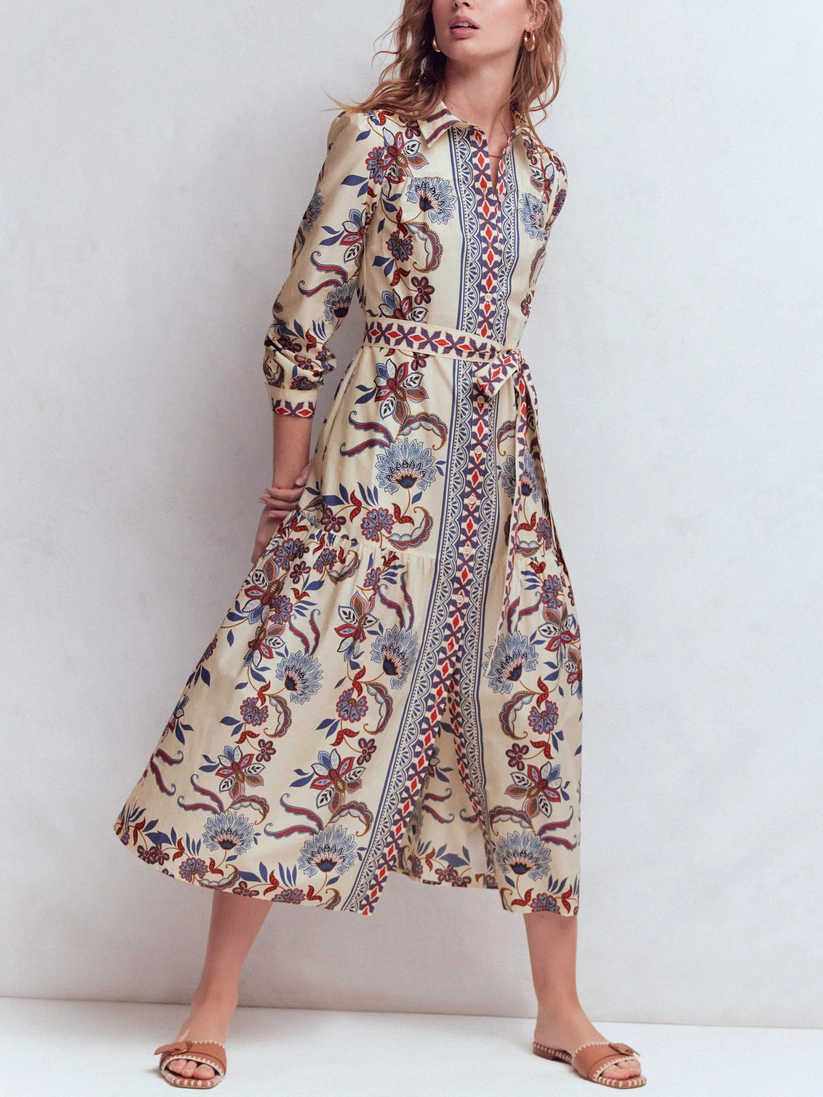 Boho Floral Border Print Belted Shirt Midi Dress