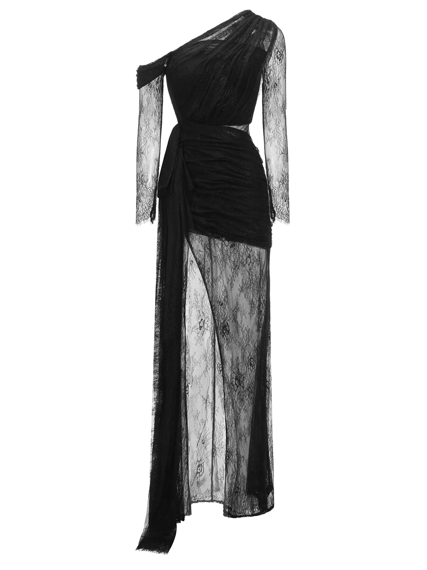 One-Shoulder Lace Ruched Evening Gown Maxi Dress