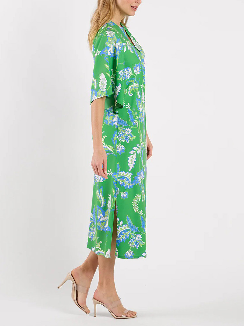 Tropical Paisley Print Flare Sleeve Split Neck Midi Dress
