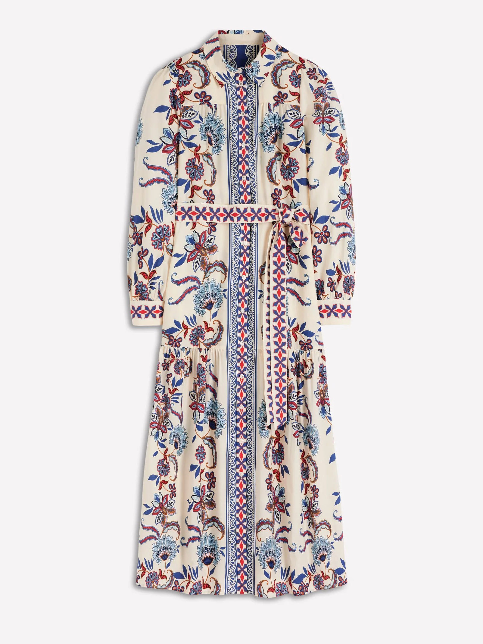 Boho Floral Border Print Belted Shirt Midi Dress