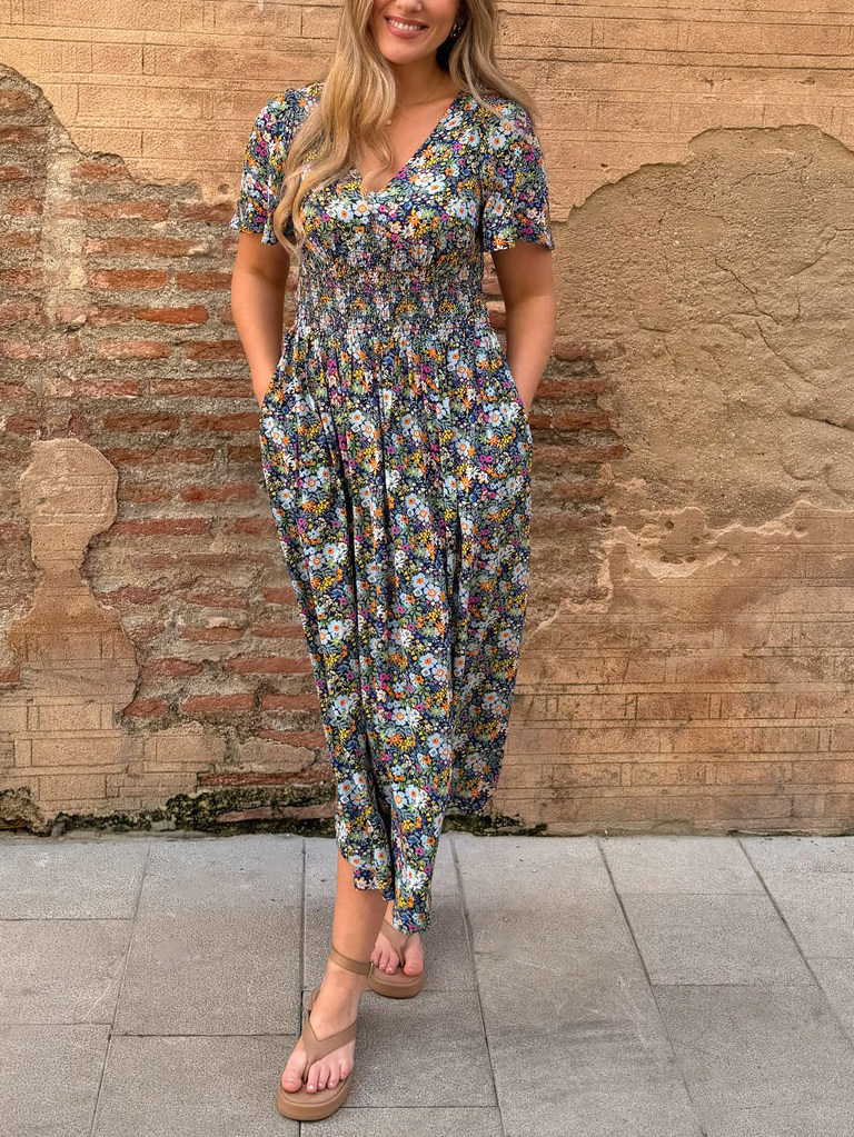 Ditsy Floral Print Smocked Waist Maxi Dress