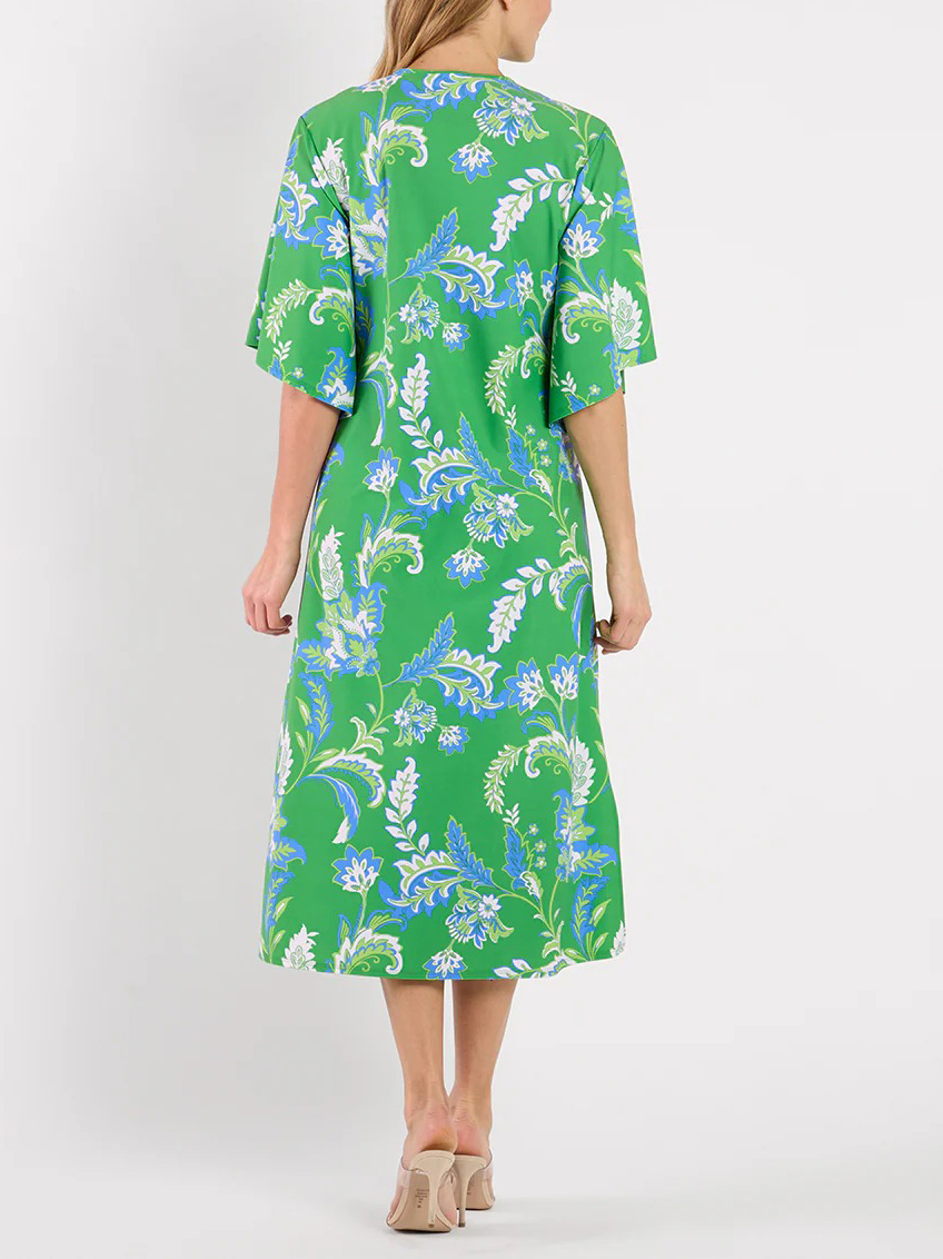 Tropical Paisley Print Flare Sleeve Split Neck Midi Dress
