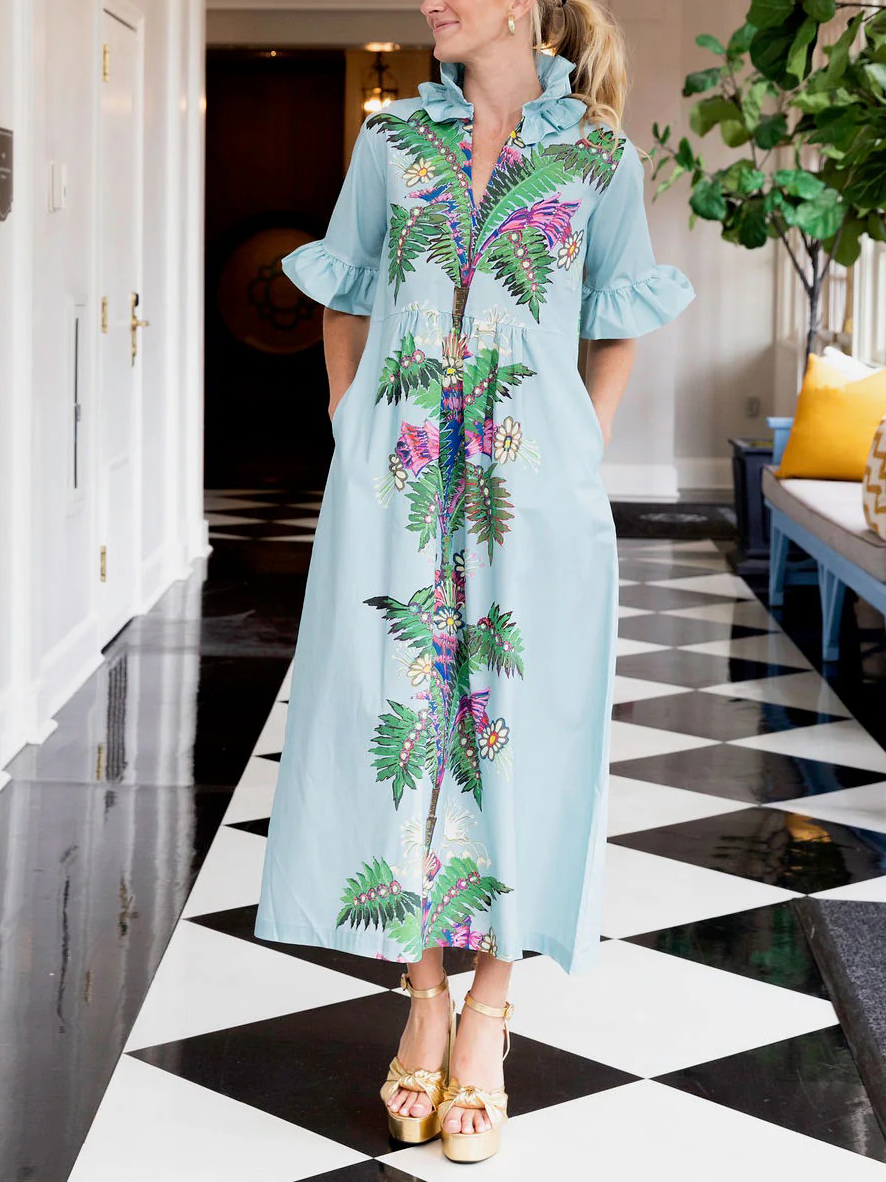 Tropical Palm Tree Print Ruffle Sleeve Resort Maxi Dress