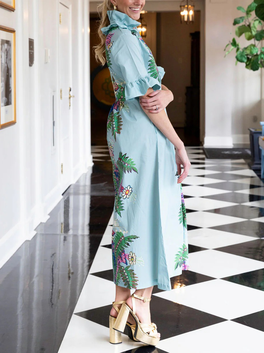 Tropical Palm Tree Print Ruffle Sleeve Resort Maxi Dress