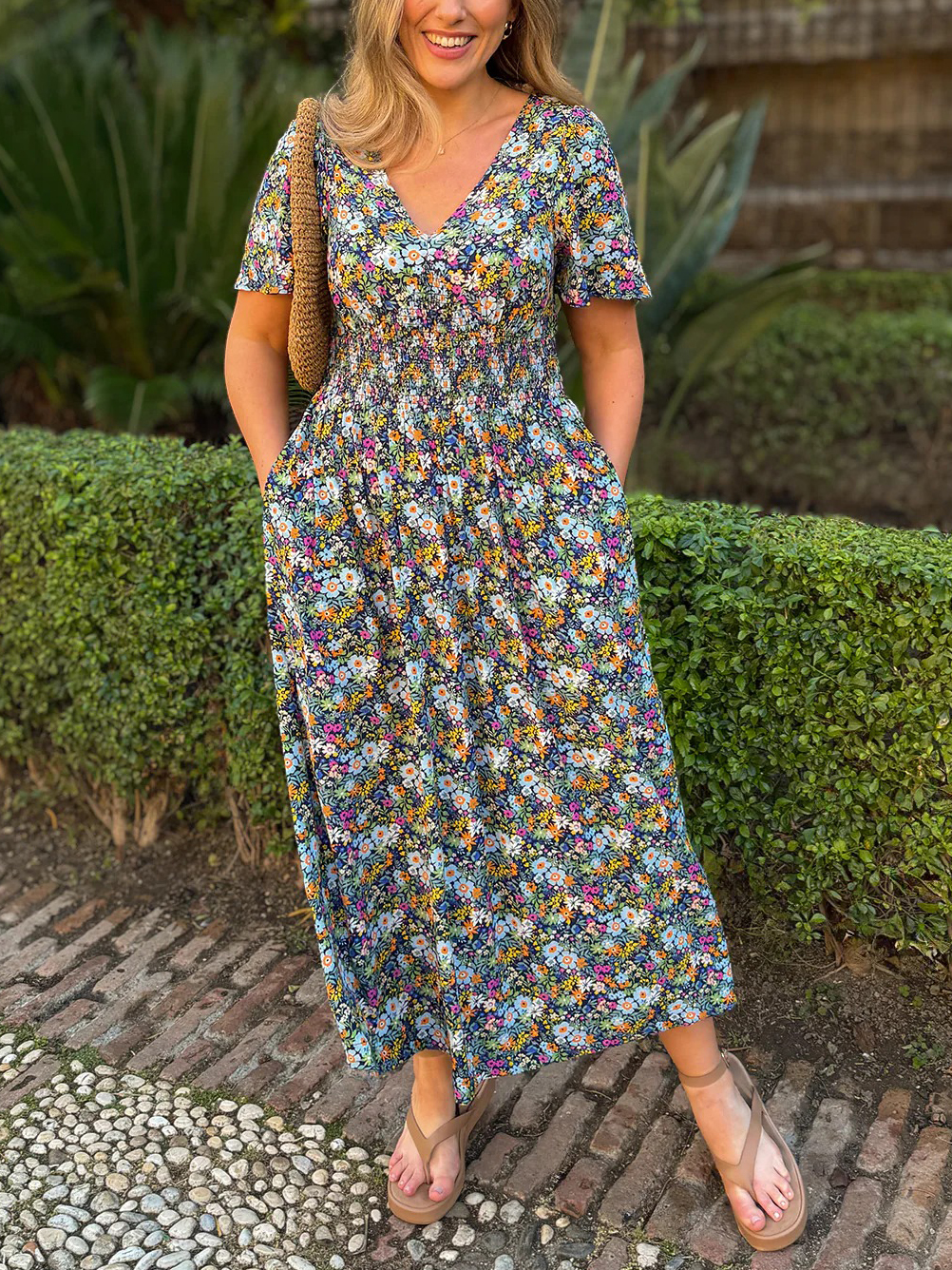 Ditsy Floral Print Smocked Waist Maxi Dress